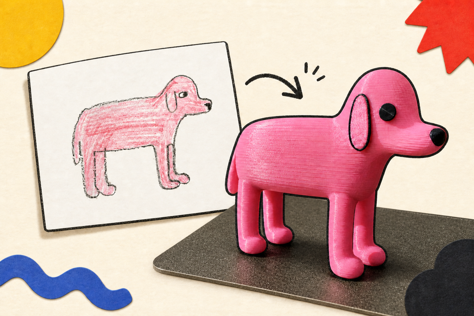 A child’s pink dog drawing beside the matching pink 3D-printed dog