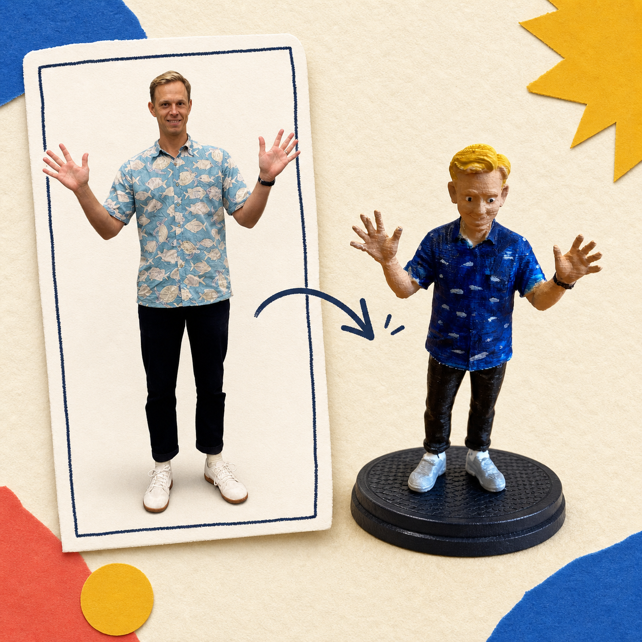 A standing man transforming into his matching hand-painted Selfie Figurine